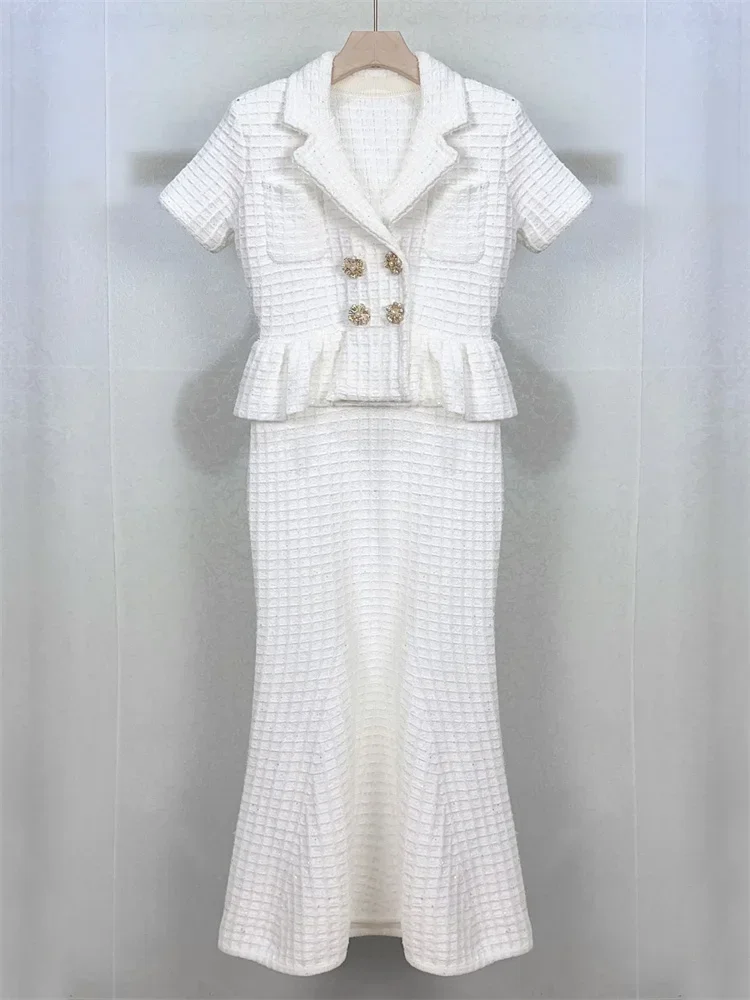 

Women White Knit Mermaid Midi Dress Short Sleeve Sequin Ruffles Rhinestone Pearl Buttons Lady Elegant Robe 2024 Autumn