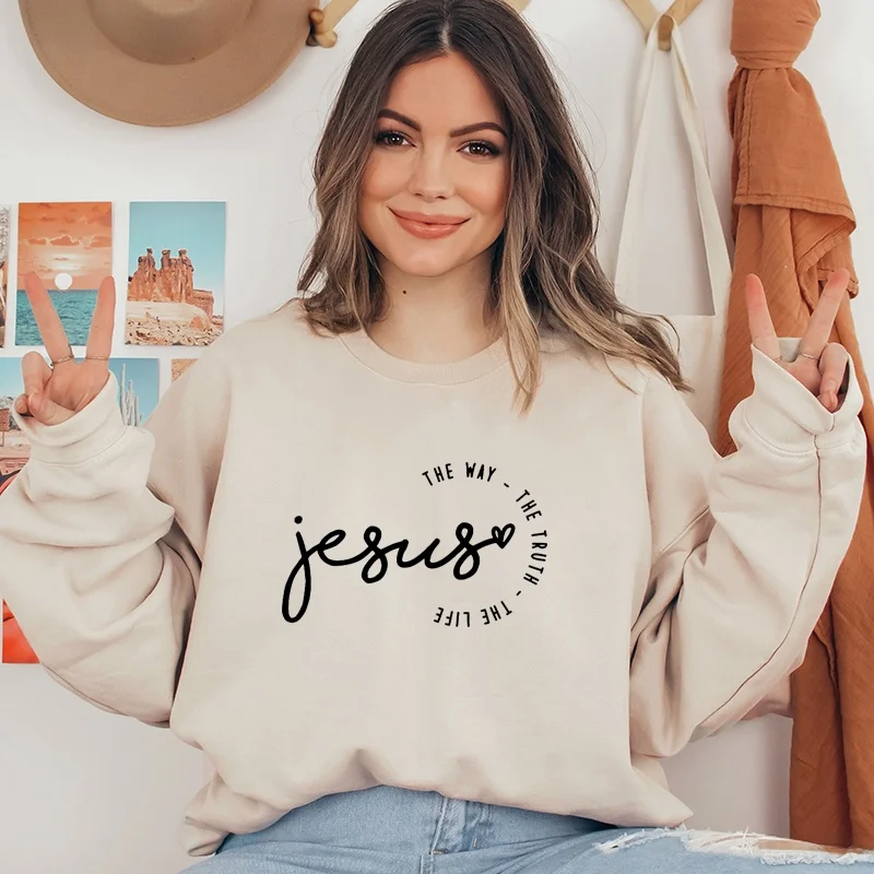 Cistian Damen-Sweatshirt „The Way the Truth the Life“ Baumwoll-Hoodie Street Sle Long Sve Round Ne Print Casual Top