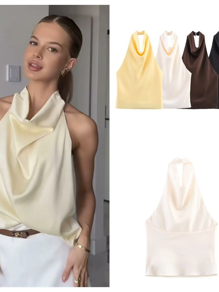 

Женская мода из шелкового атласа, лето 2025 Ne, подвесная одежда, облегающий топ, бандажный вязаный топ Thiened, китайский заказ