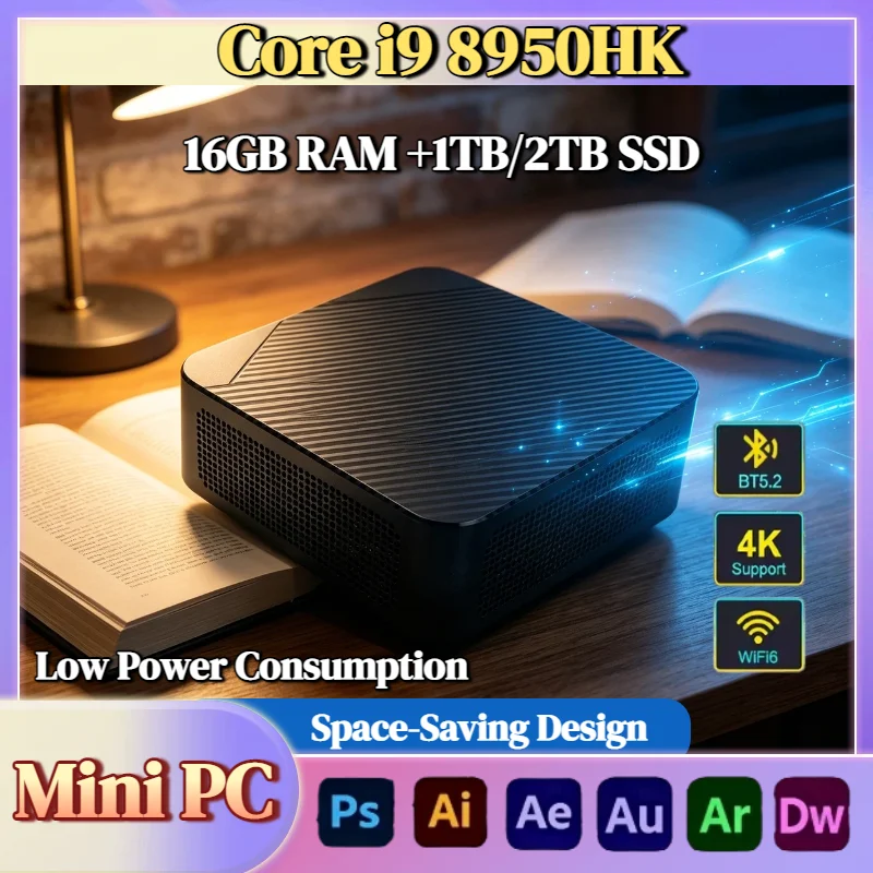 Intel i9 8950HK Mini Desktop Computer 16GB DDR4 512GB NVMe SSD Triple 4K WiFi6 BT5.2 Silent Cooling Portable Home Office Max