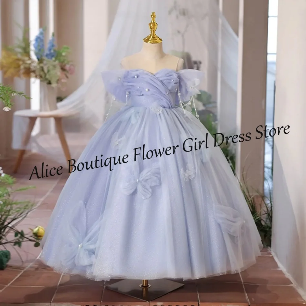 

Shiny Blue Flower Girl Dress Off Shoulder A-Line Pleated Pearls Tulle Lace Up Dresses Girls First Communion Birthday Party Gowns