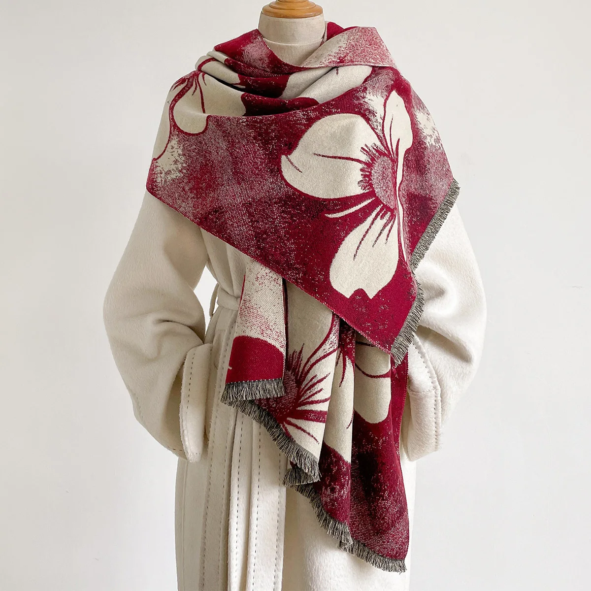Women Imitation Cashmere Scarf Fringed Thick Warm Shawl Reversible Winter Print Scarf Pashmina Autumn Large Blanket Wrap