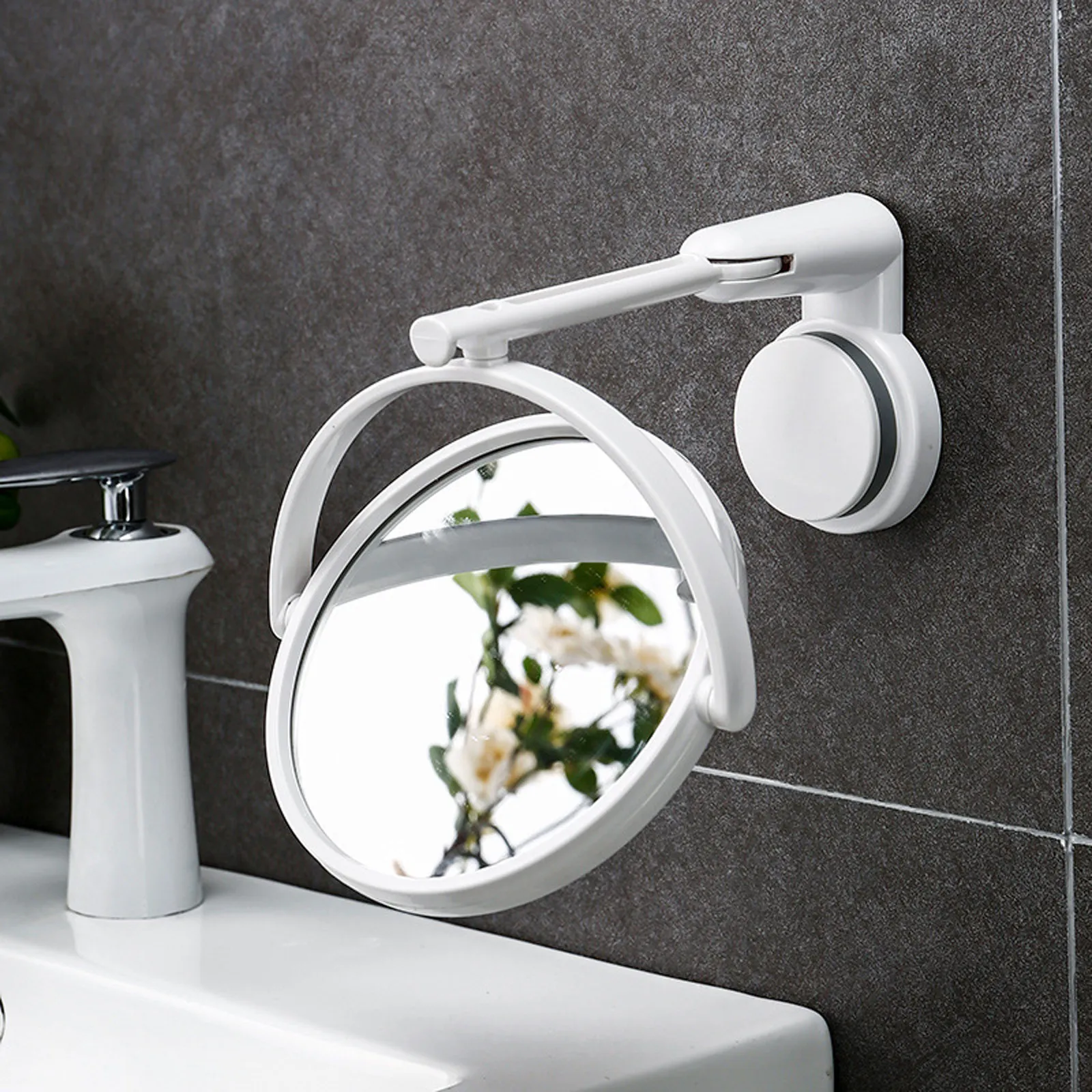 

Rotary Folding Makeup Mirror Wall Mounted No Drill Required Bathroom Mirror for Home Use Elegant Glass ABS Design Brightens