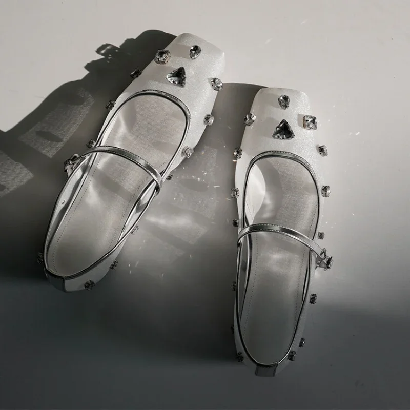 

Spring 2025 New Square Toe Heel High Women's Mary Jane Shoes Mesh Rhinestone Elegant Sweet Shallow Women Single Shoes
