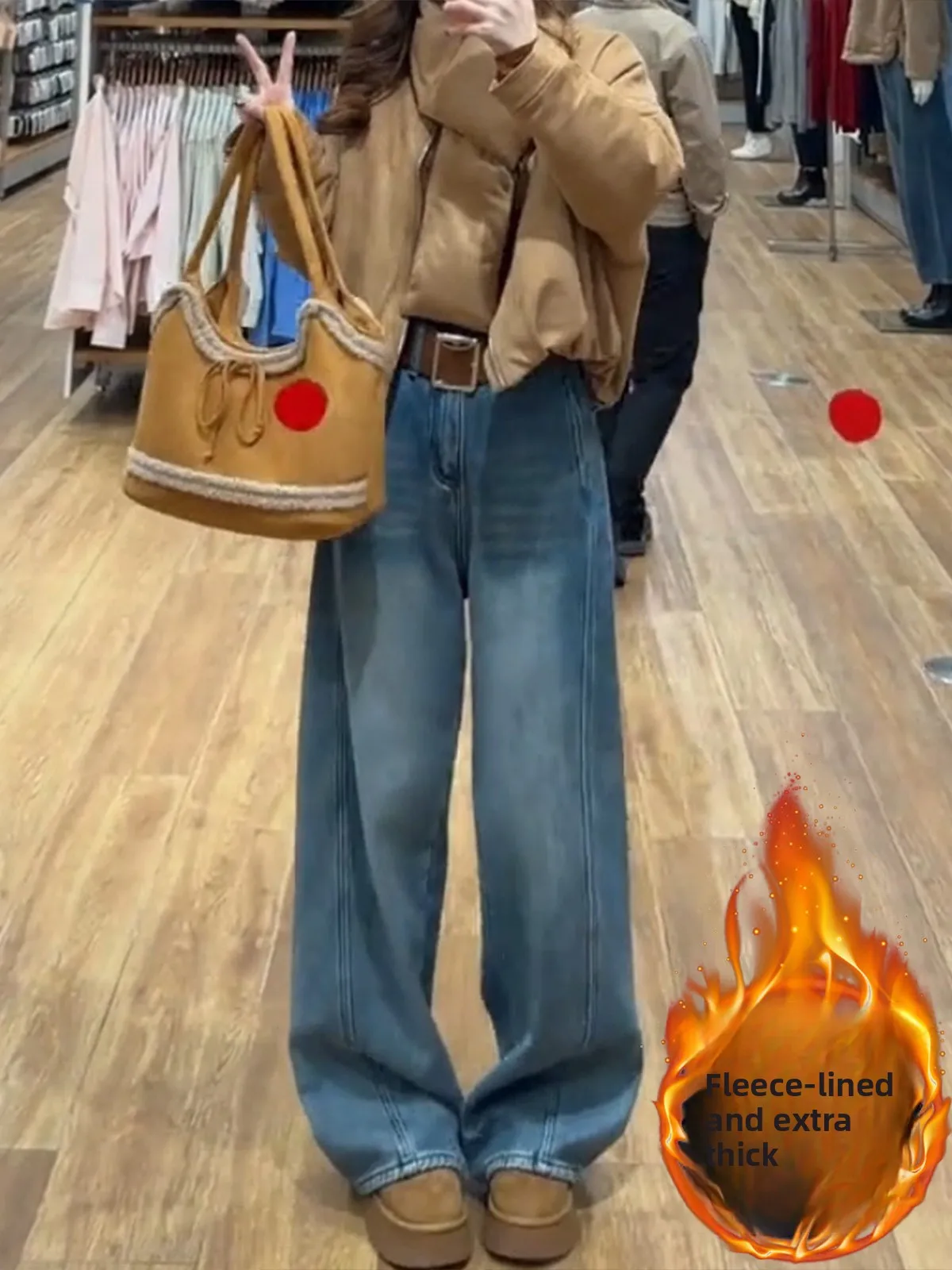 

Ретро-синие джинсы с широкими штанинами, женские, новые 2026, на флисовой подкладке, свободные, прямого кроя, с эффектом похудения, с высокой талией