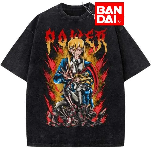 

Футболка оверсайз Chainsaw Man Power Blood Fiend Acid Wash, черная, летняя, 2026, аниме, стритвир, с графическим принтом