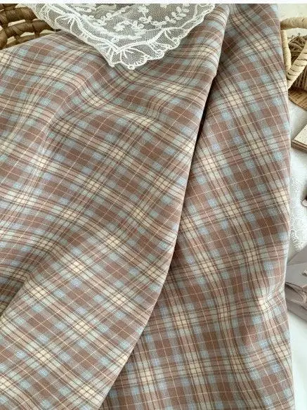 Handmade DIY Plaid Cotton Fabric for Clothing Bags Hair Accessories And Hair Ties Retro Caramel Blue Checkered Pattern