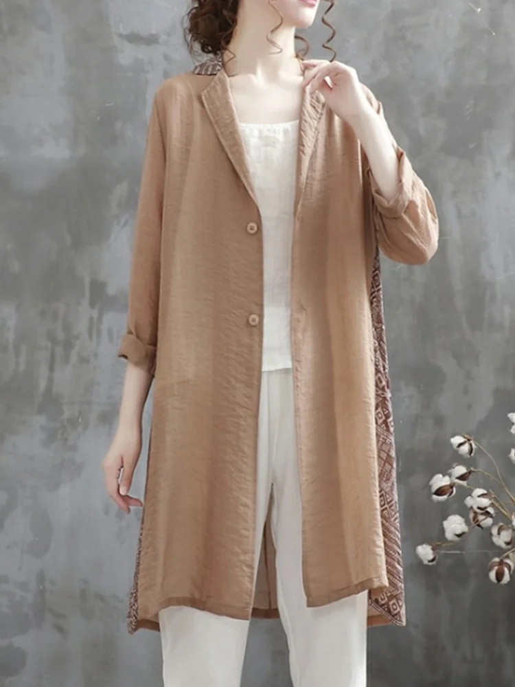 레트로 린넨 여성용 루즈핏 가벼운 롱 코트 중간 길이 자외선 차단 단색 출퇴근용 단추 디테일