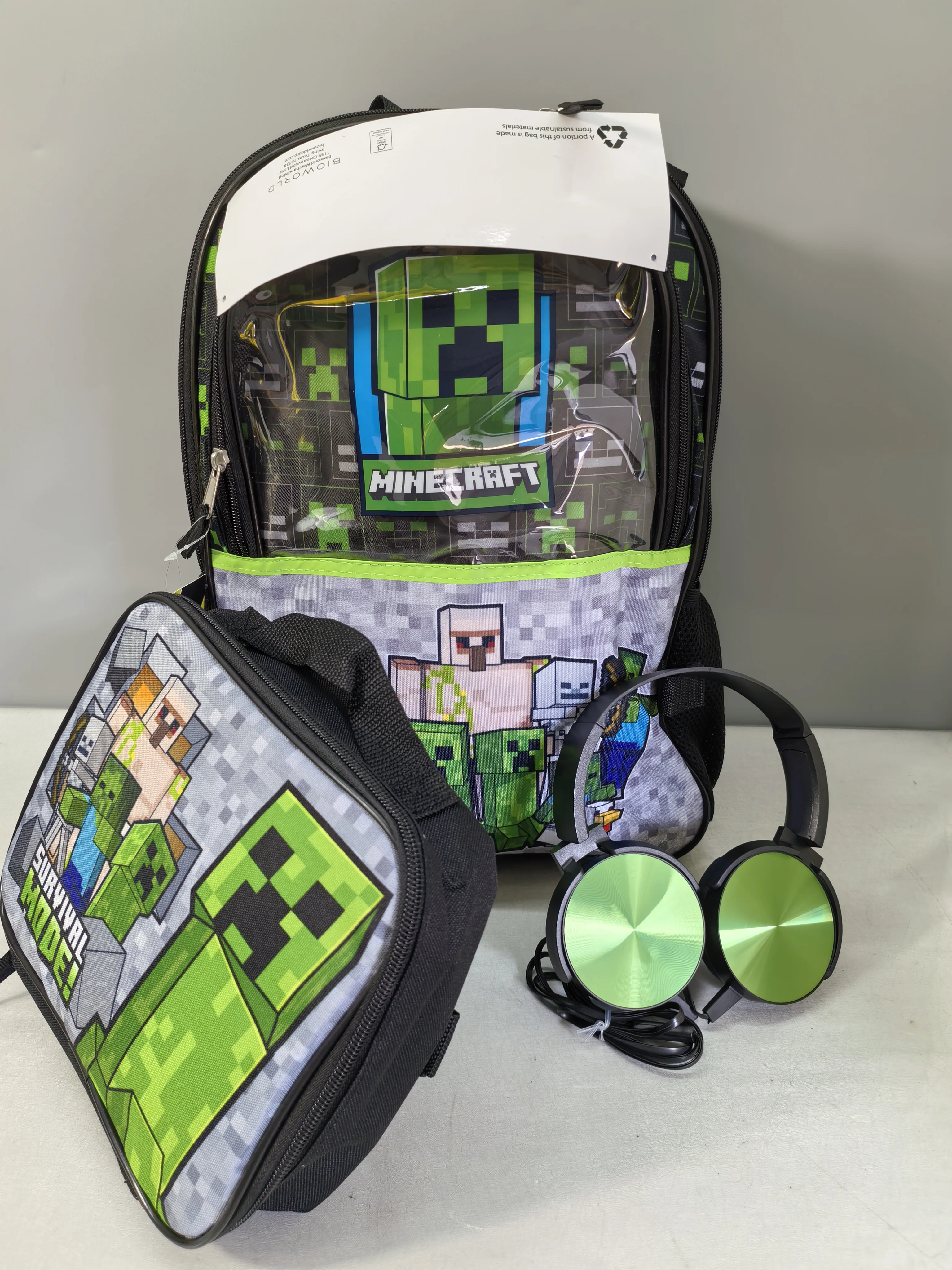 Original Game Anime Peripheral MC Creeper Boys' Green Ultra Light Backpack Lunch Bag Headphones 3-piece Set Christmas Gift