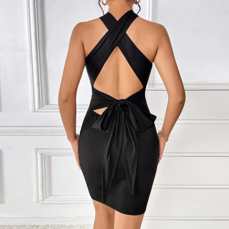YQ1-2025Autumn Winter New Women's Sexy Backless Tie Elastic Elegant Bodycon Halter Dress