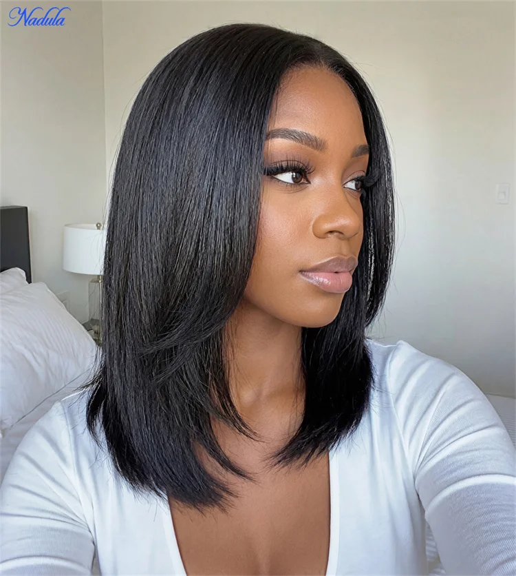 Nadula Clearance Sale 10 inch 12inch Layer Cut Yaki Straight Bob Human Hair Wig Density 150% Smaller 13x4 Lace Front Drawstring Glueless Wig Ready to Wear Limited Quantity