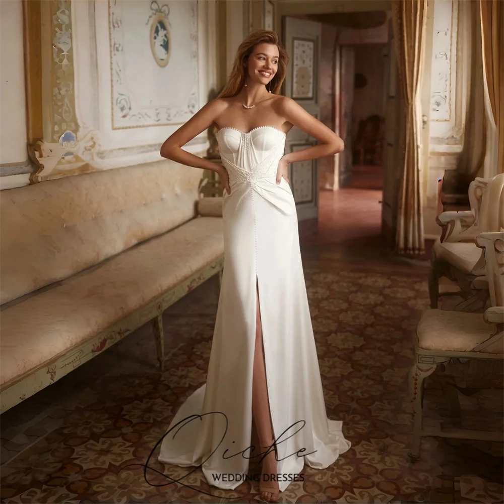 

QICHE Elegant Beading Mermaid Wedding Dress Sweetheart Sleeveless Open Back Slit Pleat Bridal Gown Vestidos De Noiva Customized