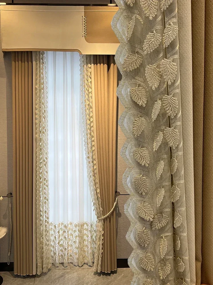 

Chenille Embroidered Curtain Luxury Minimalist Living Room Curtains Milky Brown Bedroom Blackout Curtain Modern Art Curtains IG