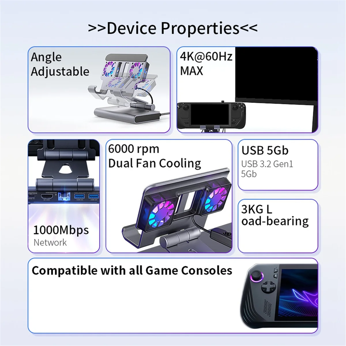 2025+ محطة إرساء للمراوح 6 في 1 لـ / Ally X/Legion Go/ Claw قاعدة حامل قابلة للتعديل مع 4k