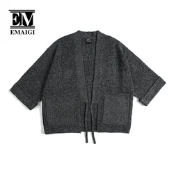 Autumn Men Japan Streetwear Fashion Loose Casual Vintage Knit Sweater Knitwear Cardigan Coat Male Sweater Jacket