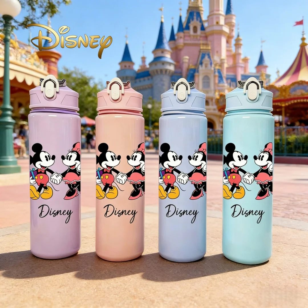 

Лицензированная Disney 3D-печатная бутылка для воды с Микки и Минни, новая крышка с кнопкой-флип, оригинальный дизайн с мультяшными персонажами, многоразовая.