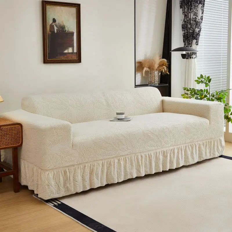 Premium Elastic Sofa Cover with Embossed Damask Pattern - Ruffle Skirt Design Deep Gray