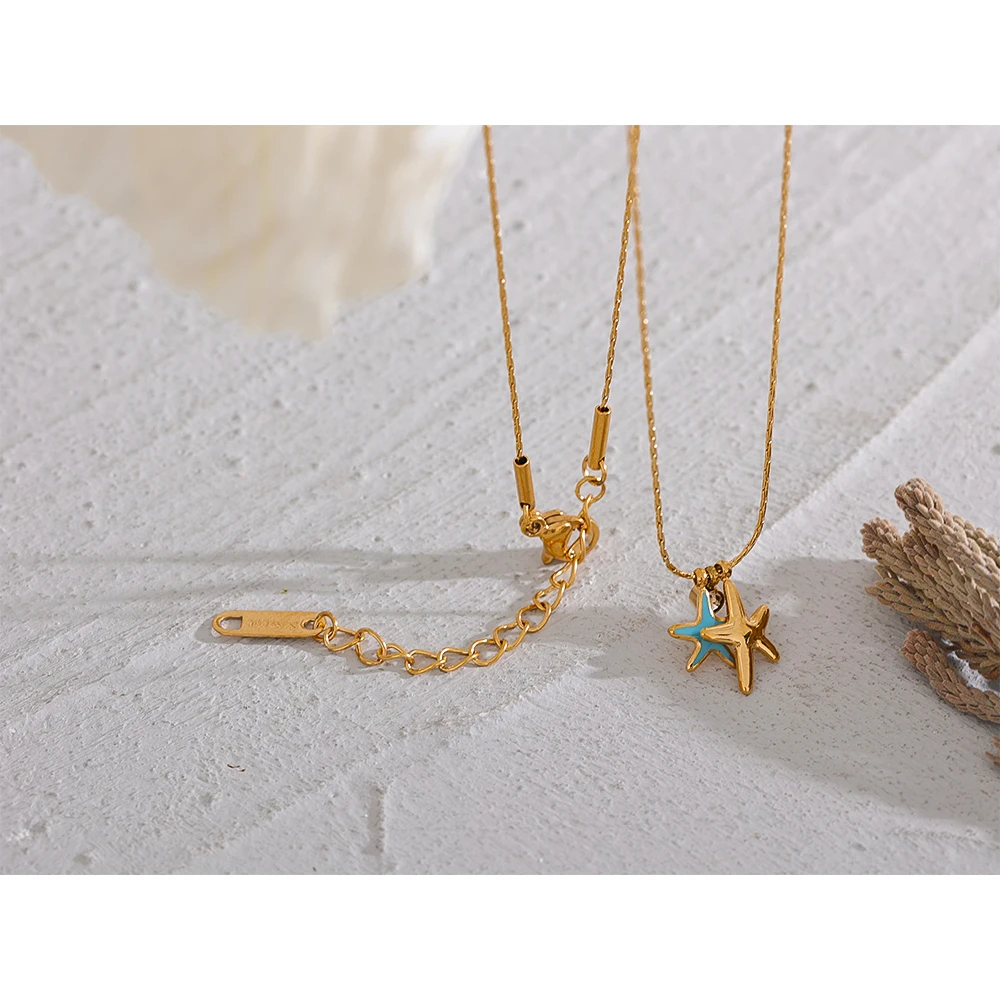 Yhpup Summer Starfish CZ Pendant Stainless Steel Stylish Necklace for Girl Cute Gold Color Waterproof Chic Jewelry Party Gift