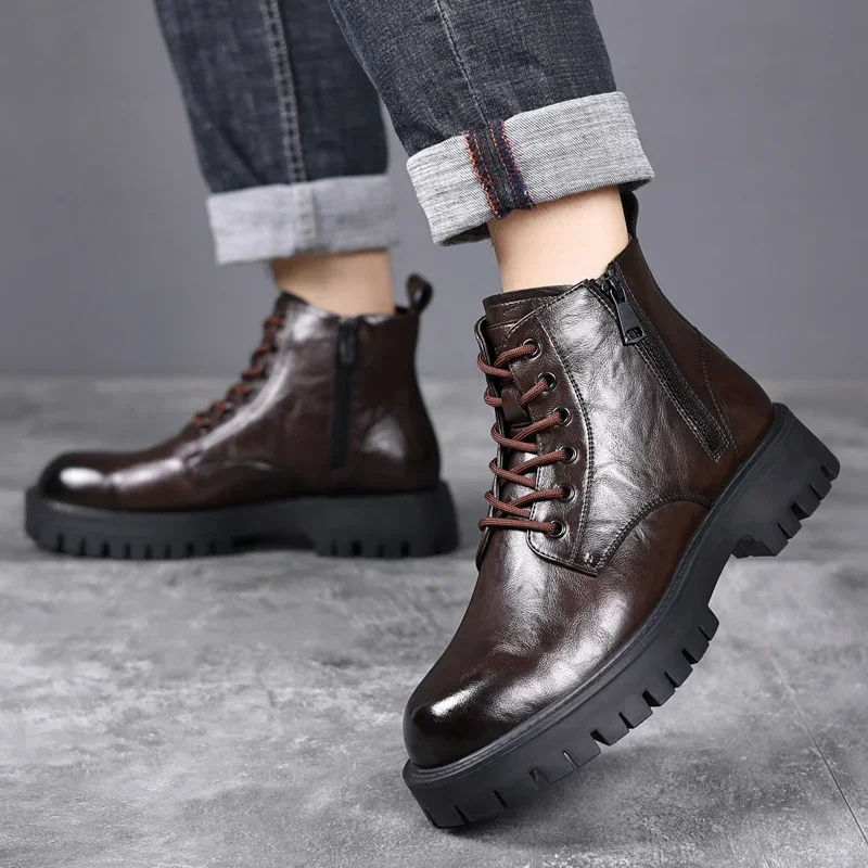 MEN Shoes 2023 High Quality Lace Up Zipper Men\'s Boots Winter Round Toe Solid Plush Warm Platform Water Proof Fashion Boots