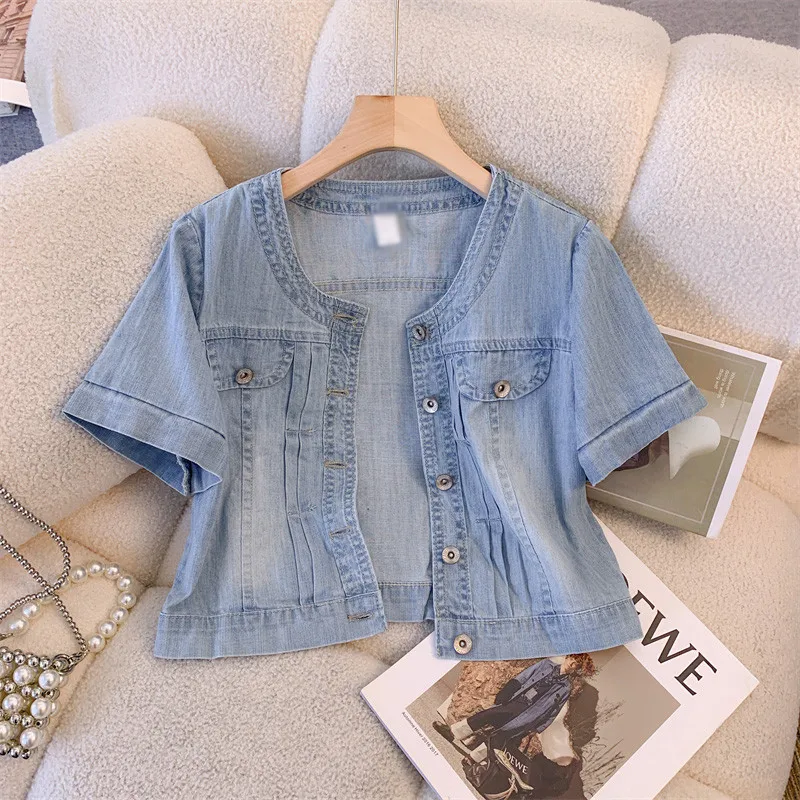 UHYTGF Short-Sleeved Denim Jacket Womens 2023 O Neck Summer Jeans Shirt Female Single Breasted Casual Short Thin Top Ladies 2605