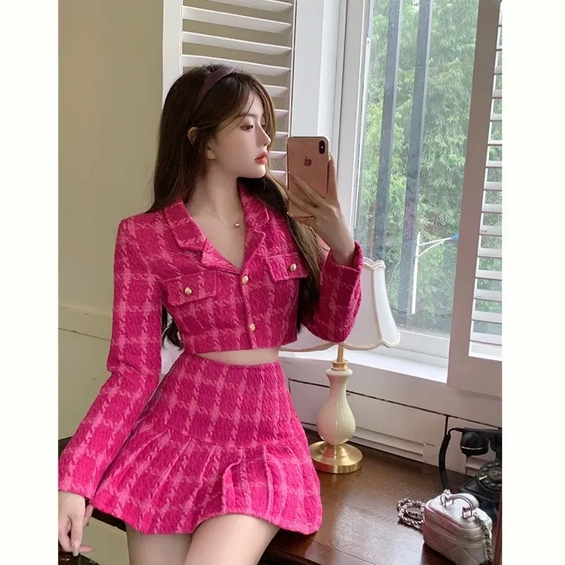 Autumn Small Fragrance Vintage Tweed Two Piece Set Elegant Korea Rose Red Women Crop Top Woolen Short Jacket Coat + Mini Skirts