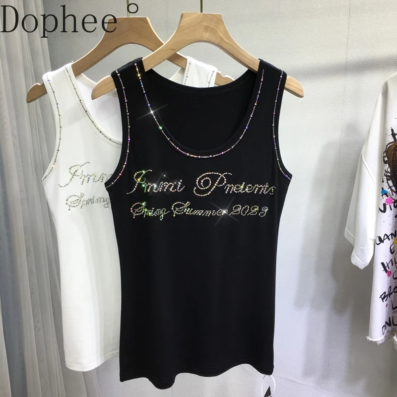 Shiny Letters Hot Drilling Women Camisole All-match O-neck Sleeveless T-shirt Letters Diamonds Large Size Spring Summer Tank Top