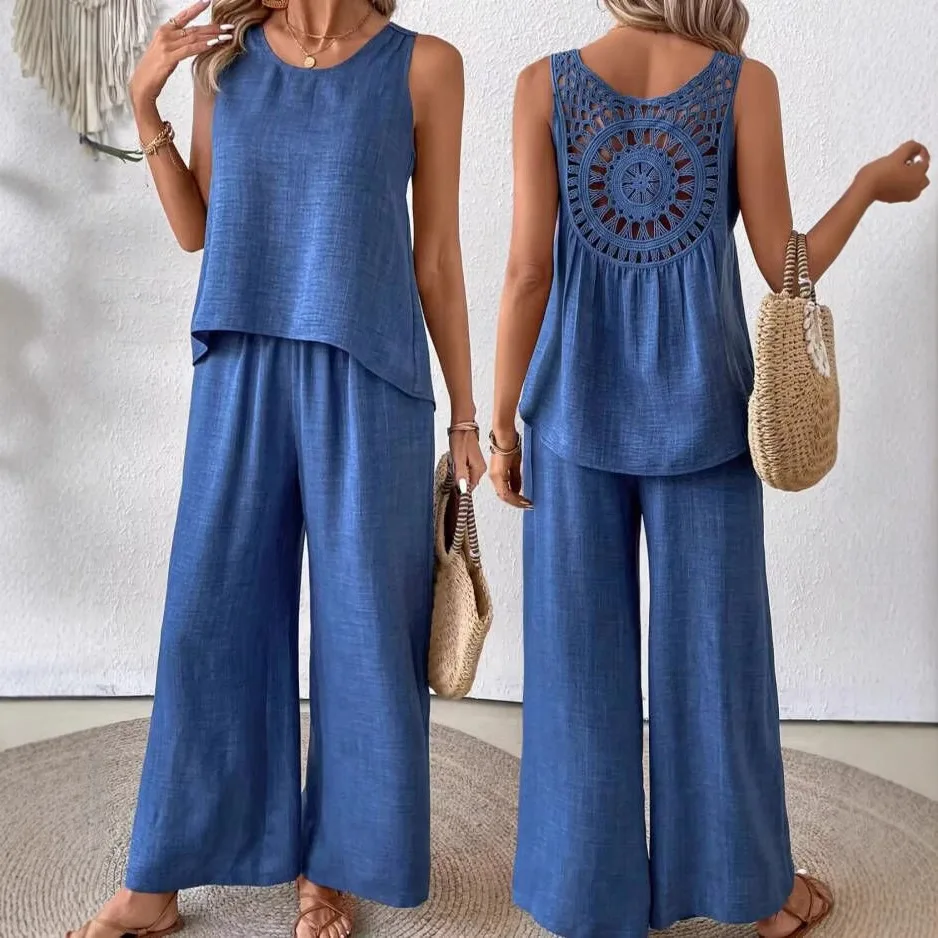 Hollow 2-piece Set For Women's Lace Sleeveless Top Wide-leg Trousers Set Solid Color New Color Set 2-piece Set 2025 Women Style