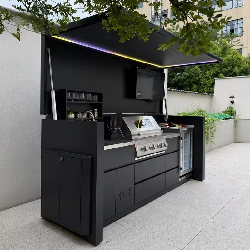 Luxury Patio Outdoor Kitchen Island With Motorized Retractable Roof And Built In Stainless Steel 304 Sink