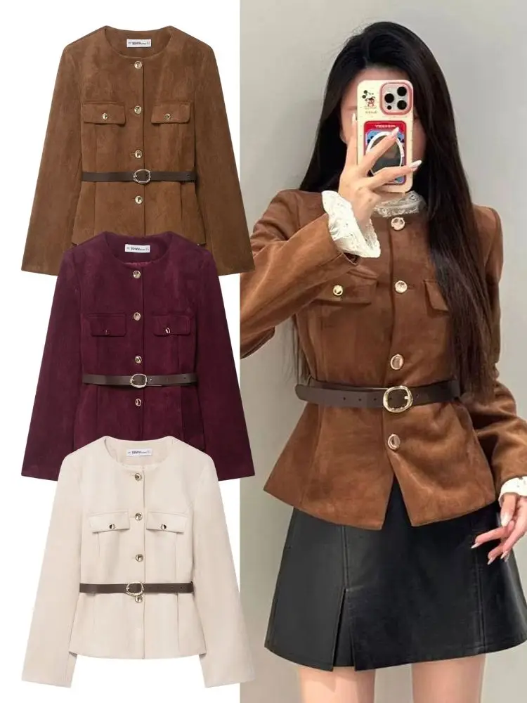 HH Fashion Women's Cropped Suede Textured Blazer With Belt 2025 Single-Breasted O-Neck Long Sleeves Decorate Street Jackets