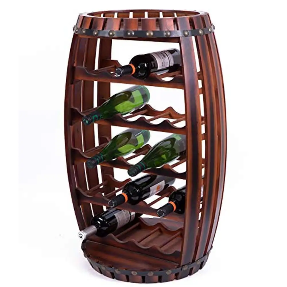 Barrel Design Wooden Wine Rack Holder 23 Bottle Capacity Rustic Style Nail Head Detail Storage Stand Glass Top Shelf Horizontal