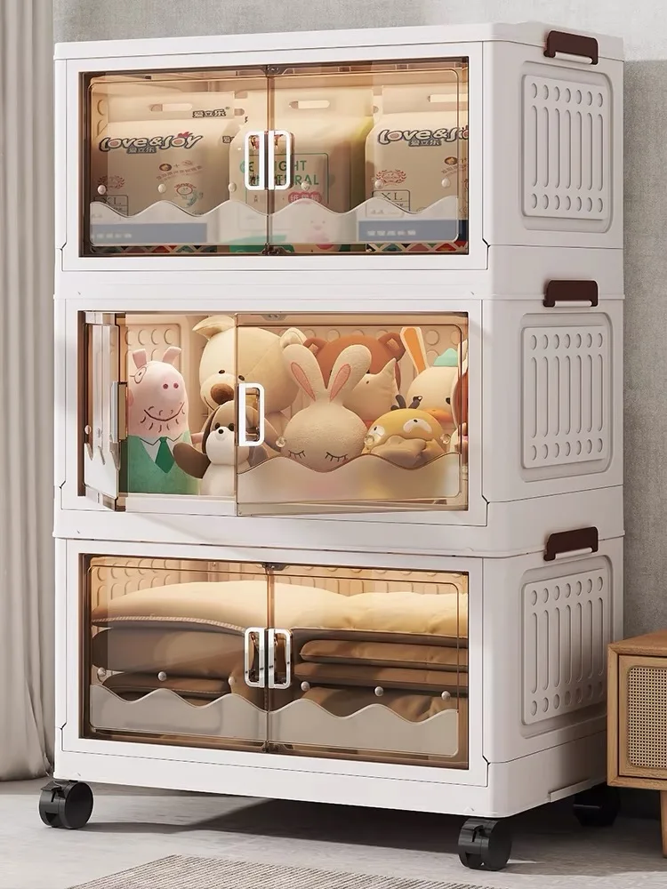 Large Capacity Folding Portable Storage Cabinet Bins Stackable Organizer Box With Wheel Collapsible Toy Storage With Double Door