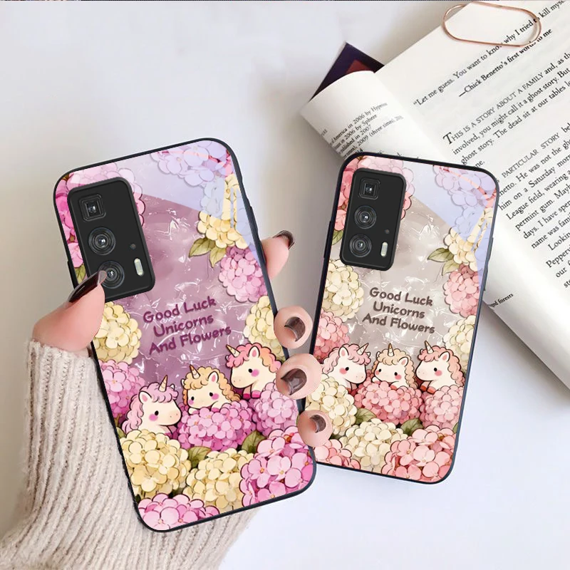 Cute cartoon pink unicorn For Motorola Moto Edge 20 Lite 30 Pro 40 Neo 50 Ultra G Play G45 G54 G55 G75 G84 G85 Glass Phone Case view 4