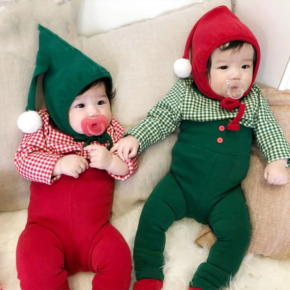 2024 Autumn Suit for Babies Christmas Costume for Baby Children Santa Claus Cosplay Clothes Elf Vest + Christmas-Hat +Overalls