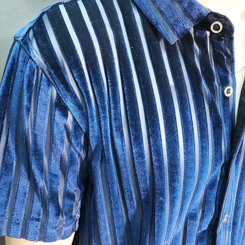 High Quality Shirt Trendy Transparent Blue Stripe Shirt Men Sexy Velvet Shirt Men Short Sleeve Clothing See Through Social Club