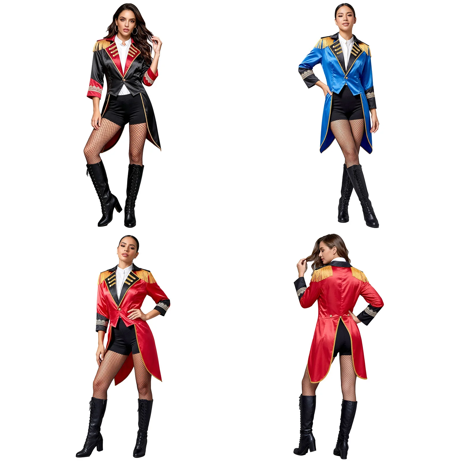 Women Long Sleeve Satin Circus Ringmaster Tailcoat Jacket Outerwear Halloween Carnival Theme Party Magician Performance Costume