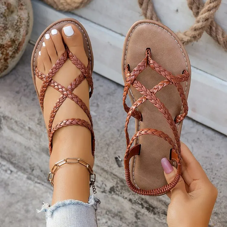 Vintage Boho Braided Rope Roman Sandals Women Thong Crisscross Flat Shoes Light Breathable Beach Commute Plus Size Sandals
