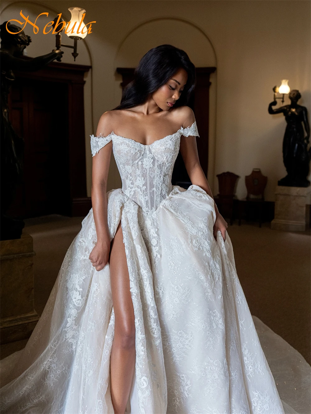 تخصيص بوهو الأبيض الأورجانزا فستان الزفاف مثير الحبيب قبالة الكتف فستان زفاف بوهو ألف خط ذيل شابيل رداء دي mariée #4