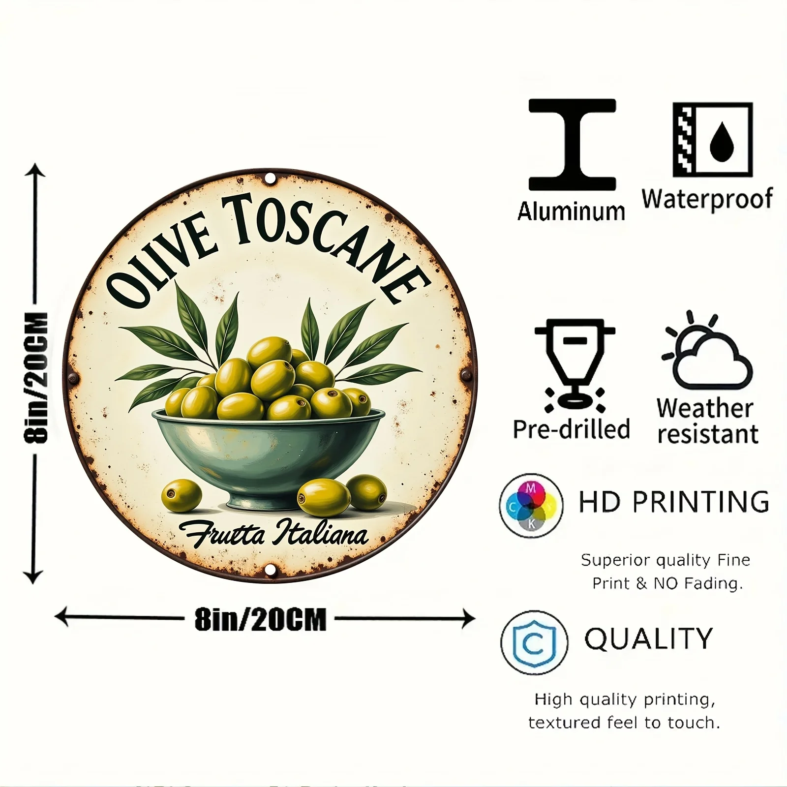 [2D Flat] 1pc Vintage Olive Toscane 8x8 Inch Aluminum Wall Art - Rustic Round Metal Sign with Green Olive Bowl Design, Scratch,