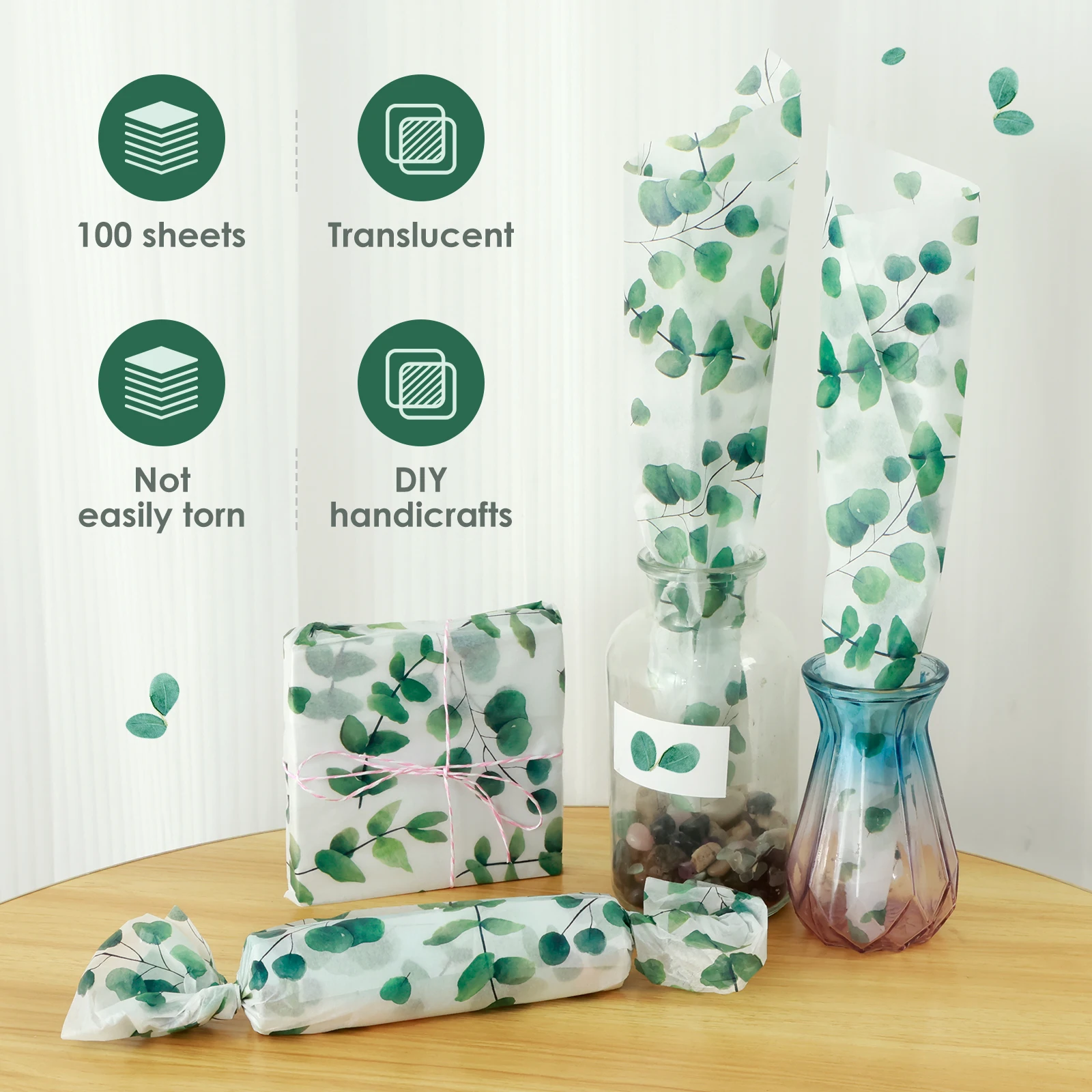 100Pcs Tissue Paper for Wrapping Gifts 20×14in Tissue Wrapping Paper Green Leaf Tissue Paper Sheets Elegant Print Tissue Paper B