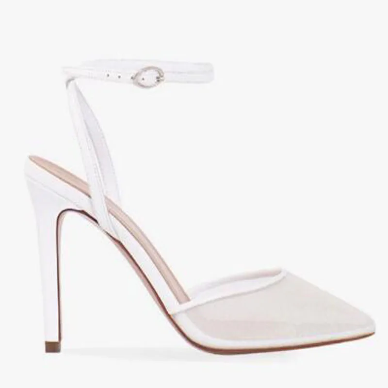 

Drop Shipping Women Summer White Black Solid Air Mesh Pointed Toe Sandals Ladies Thin Heels Ankle Buckle Strap Wedding Shoes