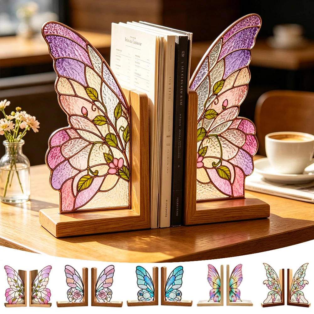 Floral Butterfly Stained Bookshelf, Support Bookend Set with Wooden Bases and Floral Acrylic Panels Book Holder for Reader Gifts