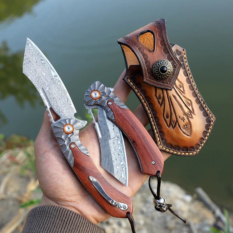 Faca de bolso de aço damasco de alta qualidade, faca dobrável de caça de aventura, faca de bolso de acampamento de montanhismo EDC com bainha