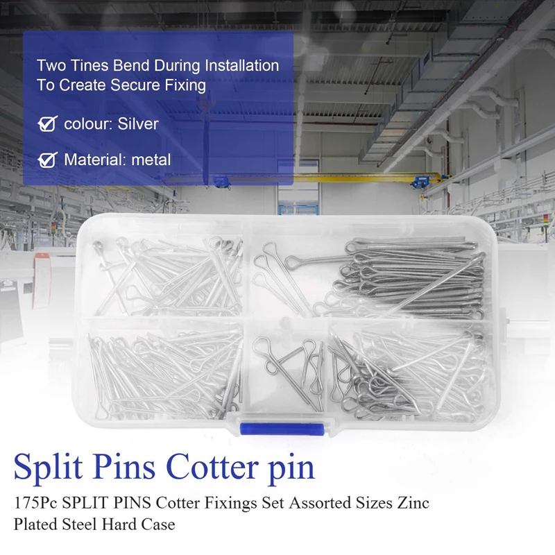 175Pc SPLIT PINS Cotter Fixings Set Assorted Sizes Zinc Plated Steel Hard Case