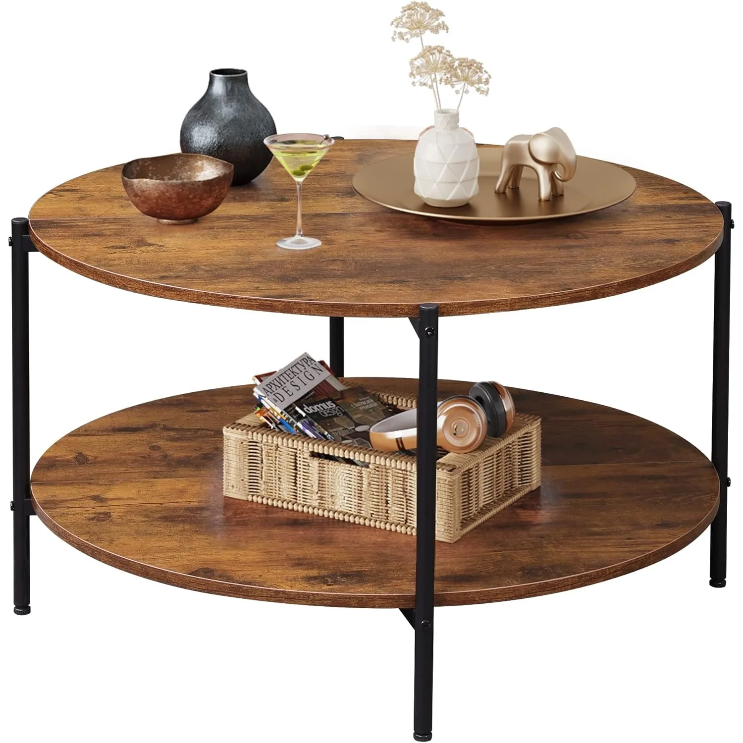 

32.6" Small Coffee Table with Storage Shelf, 2-Tier Circle Wood Center Table for Living Room, Apartment, Rustic Brown