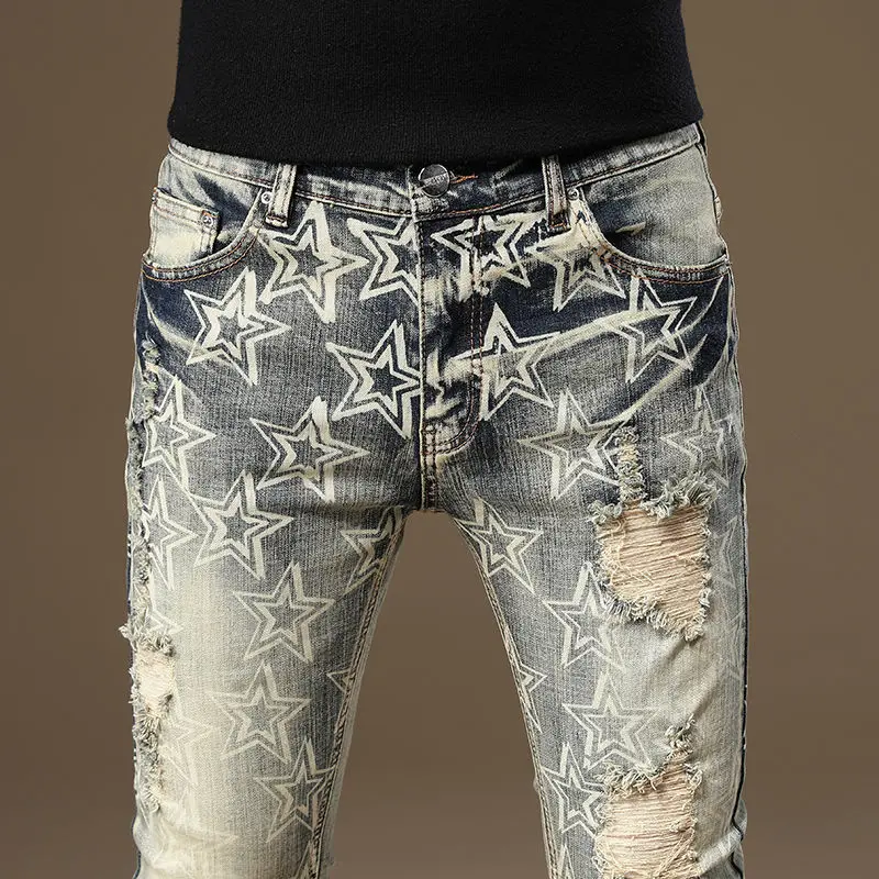 Jeans rasgado estampado em vintage masculino, calças skinny stretch, roupas de homens velhos, coreano antigo, primavera e outono