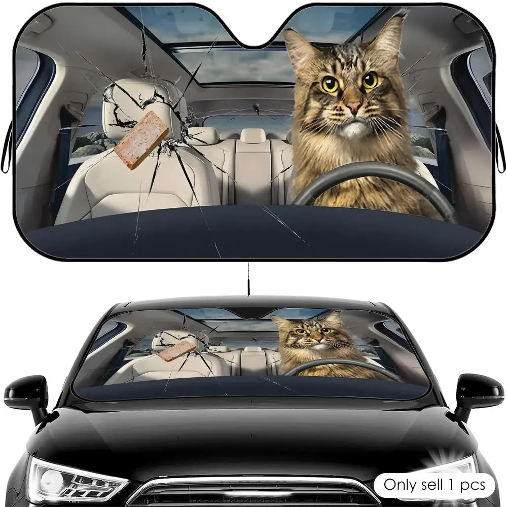 Maine Coon Cat DRIVING  Sun Visor Foldable Universal Car Windshield Sun Shade UV Protection Heat Insulation Foldable Cover
