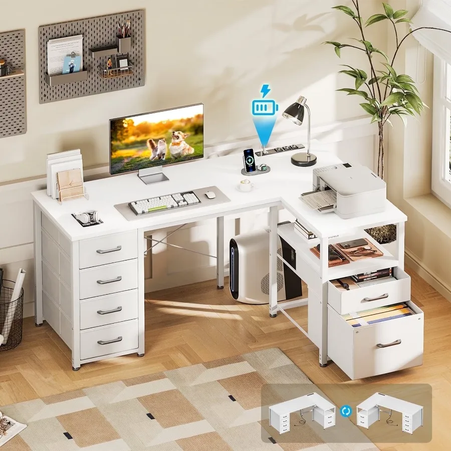 Casacomoda 55 inch Computer Desk with 5 Drawers and File Cabinet for Storage, Office Desk Storage Shelf & Power Outlets, Home