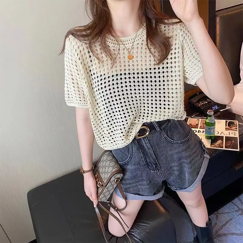 Hollow-out Top Women\'s Summer 2024 New Short-Sleeved Sweater Loose round Neck Ice Silk Blouse Chic Mesh Small Shirt Wholesale