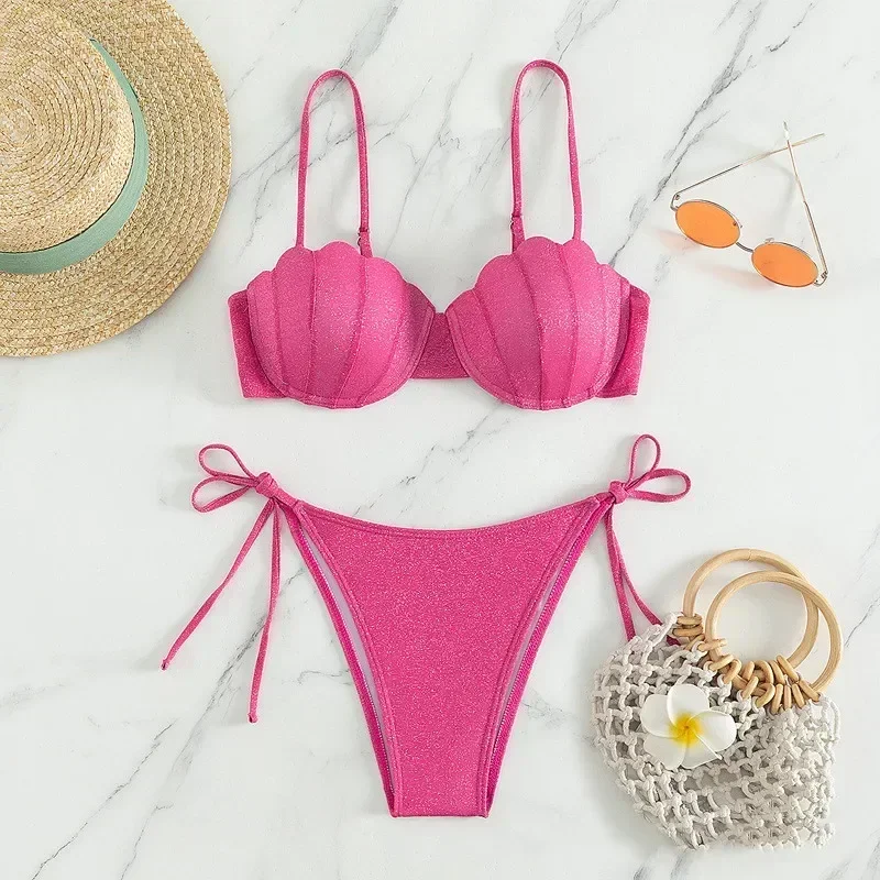 

Rose Red Shiny Shell Push Up Bikinis Sets String Micro Thong Sexy Swimsuits Women 2025 Underwire Swimwear Bather Bikini Mujer