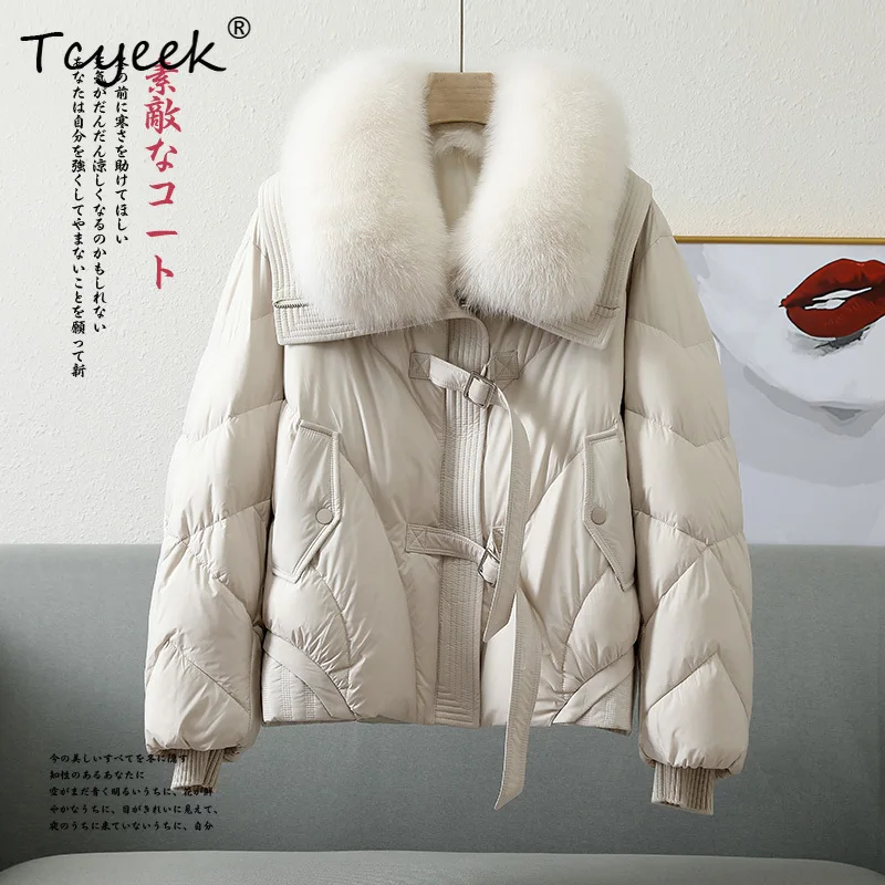Tcyeek 가을 겨울 분리형 여우 모피 칼라 스퀘어 칼라 짧은 여성용 화이트 구스 다운 코트 Casacas Para Mujer Invierno
